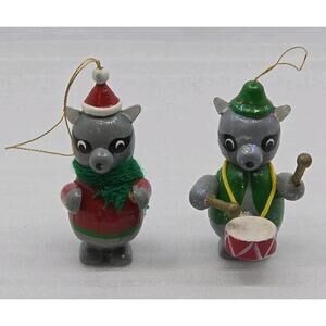 Lot Of 2 Vintage Dakin Wooden Christmas Raccoon Ornaments 1979 & 1980